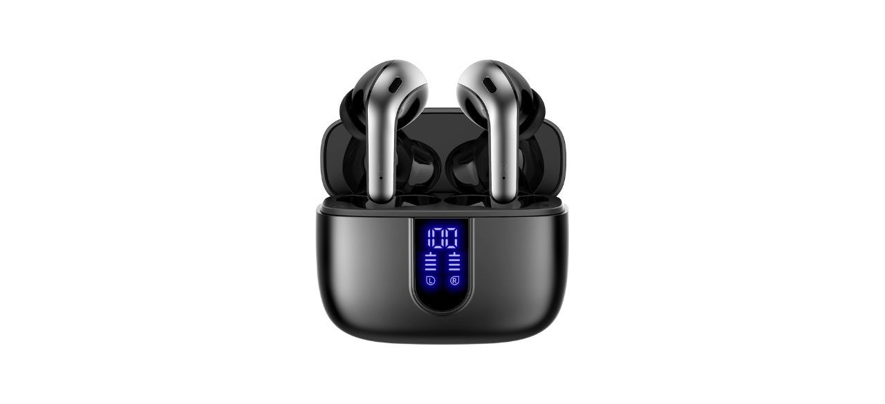 black wireless earbuds in a rechargeable case