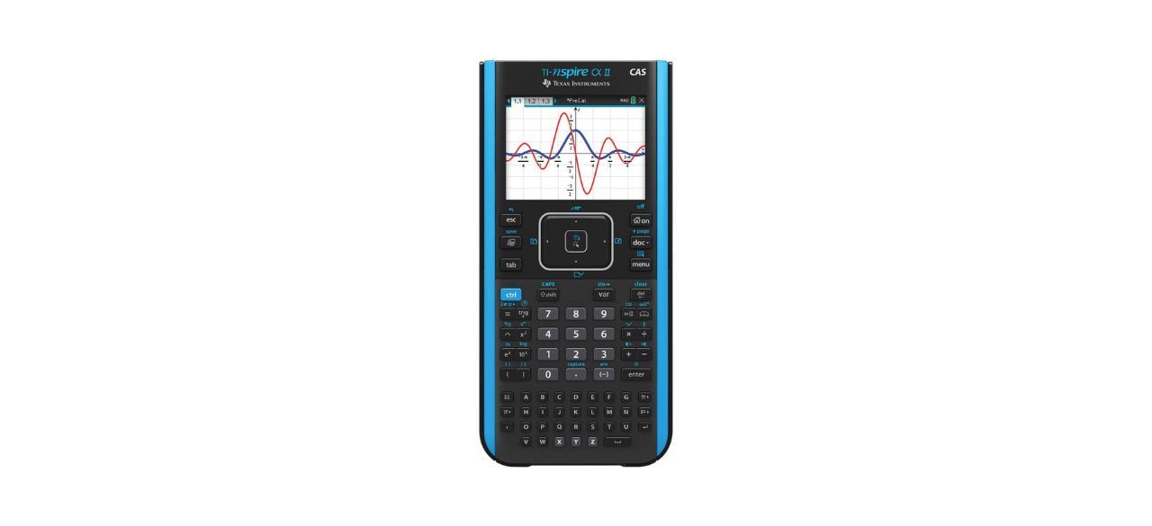 a black graphing calculator with light blue accents