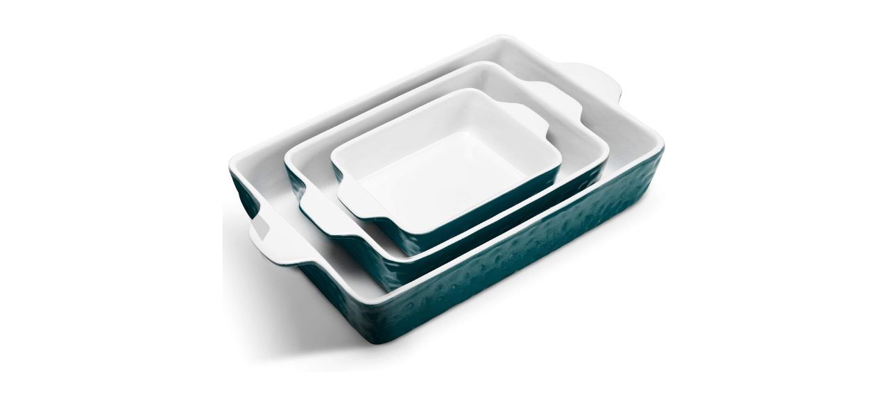 3 teal and white rectangular ceramic baking dishes