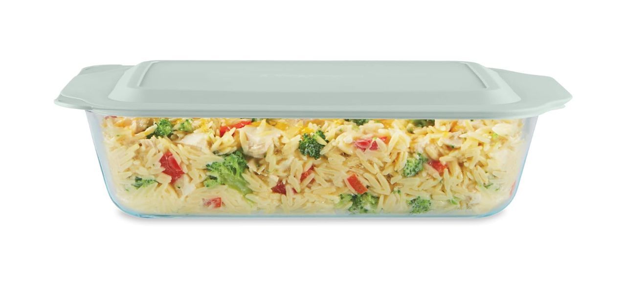 deep, rectangular glass baking dish with a plastic lid