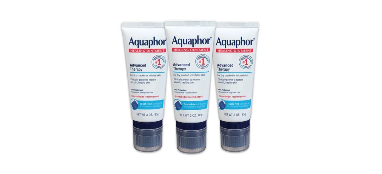 Three 3-ounce squeeze containers of Aquaphor Healing Ointment. Packaging says, "Advanced therapy for dry, cracked or irritated skin. Clinically proven to restore smooth, healthy skin. Skin protectant, preservative and fragrance free, dermotologist-recommended."