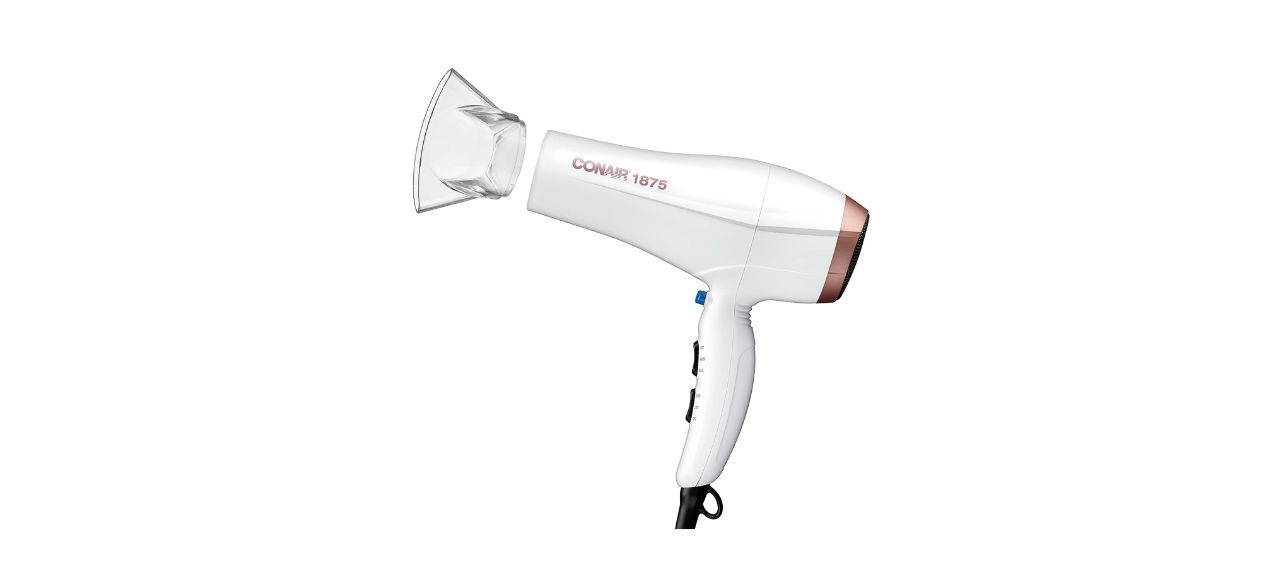a white hair dryer with an attachment on the part that blows air