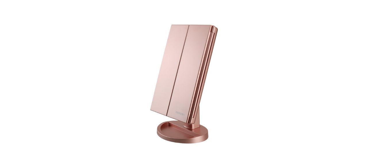 A rose gold rectangular lighted vanity mirror that folds out into 3 panels