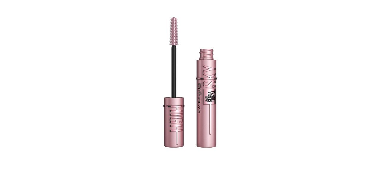 A metallic pink tube of mascara and its accompanying brush 