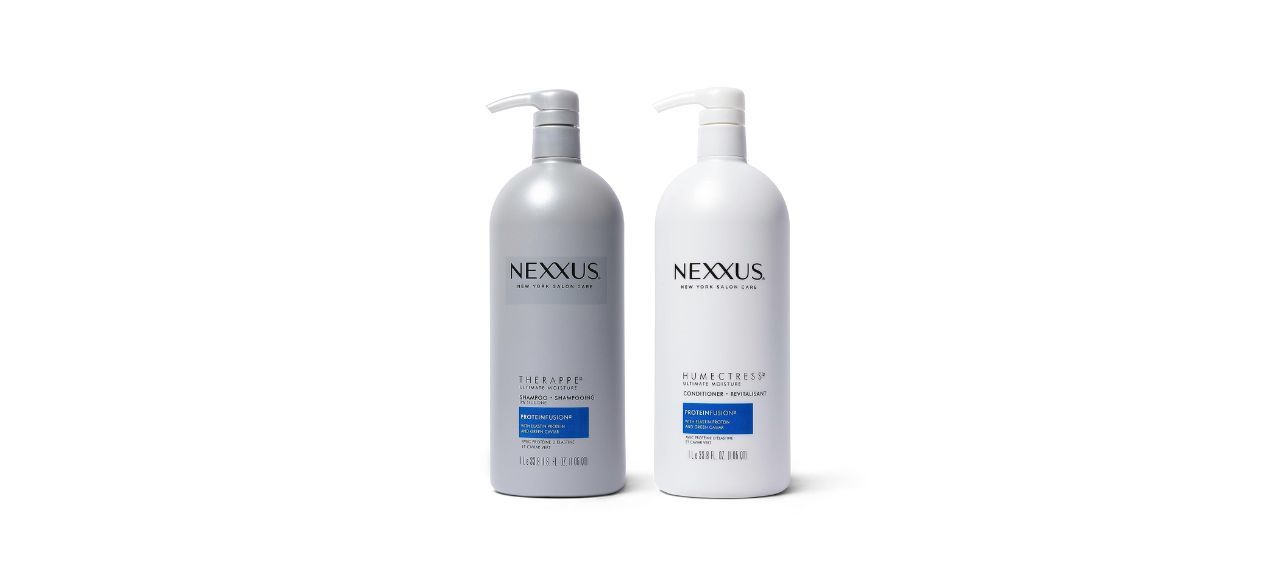 A bottle of Nexxus Therappe shampoo and a bottle of Nexxus Humectress Conditioner (both pump bottles)