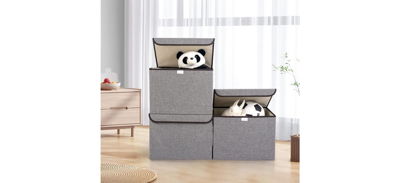 Gray Bagnizer Large 22 Quart Linen Fabric Foldable Storage Bin with stuffed pandas