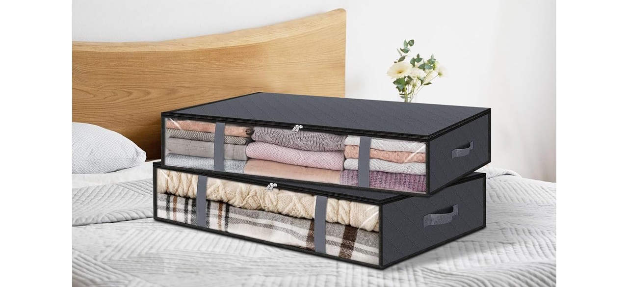 Black BlissTotes Foldable Under Bed Storage Bin stacked on bed