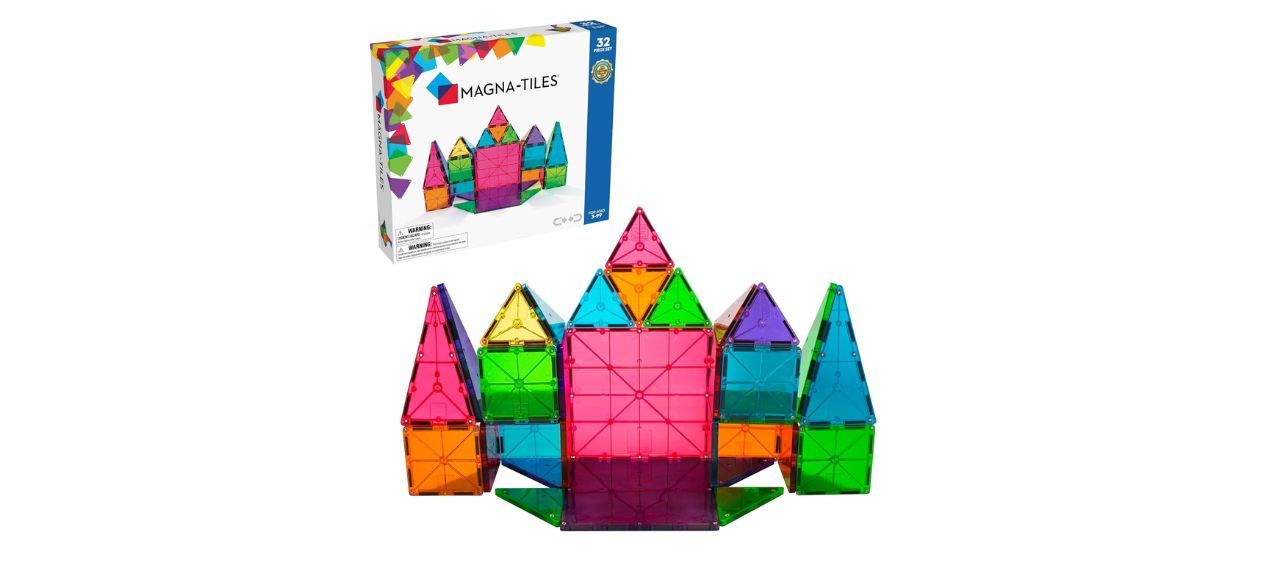 Colorful Magna-Tiles set on white background