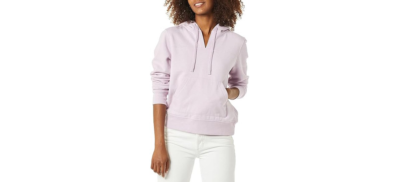 Light purple Amazon Essentials Women's Classic-Fit Long-Sleeve Open V-Neck Hooded Sweatshirt