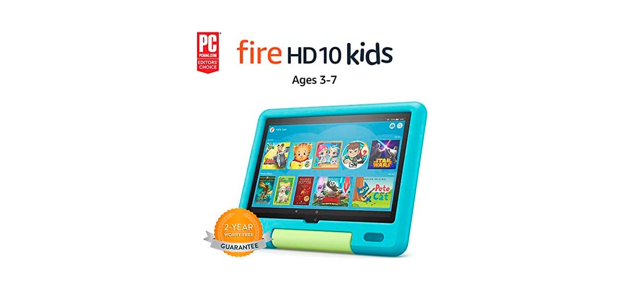 blue Amazon Fire HD 10 Kids Tablet on white background