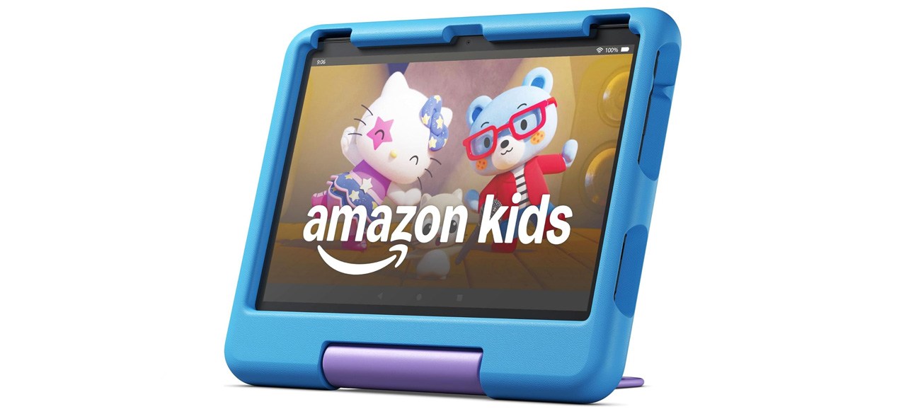 blue Amazon Fire HD 10 Kids Tablet on white background