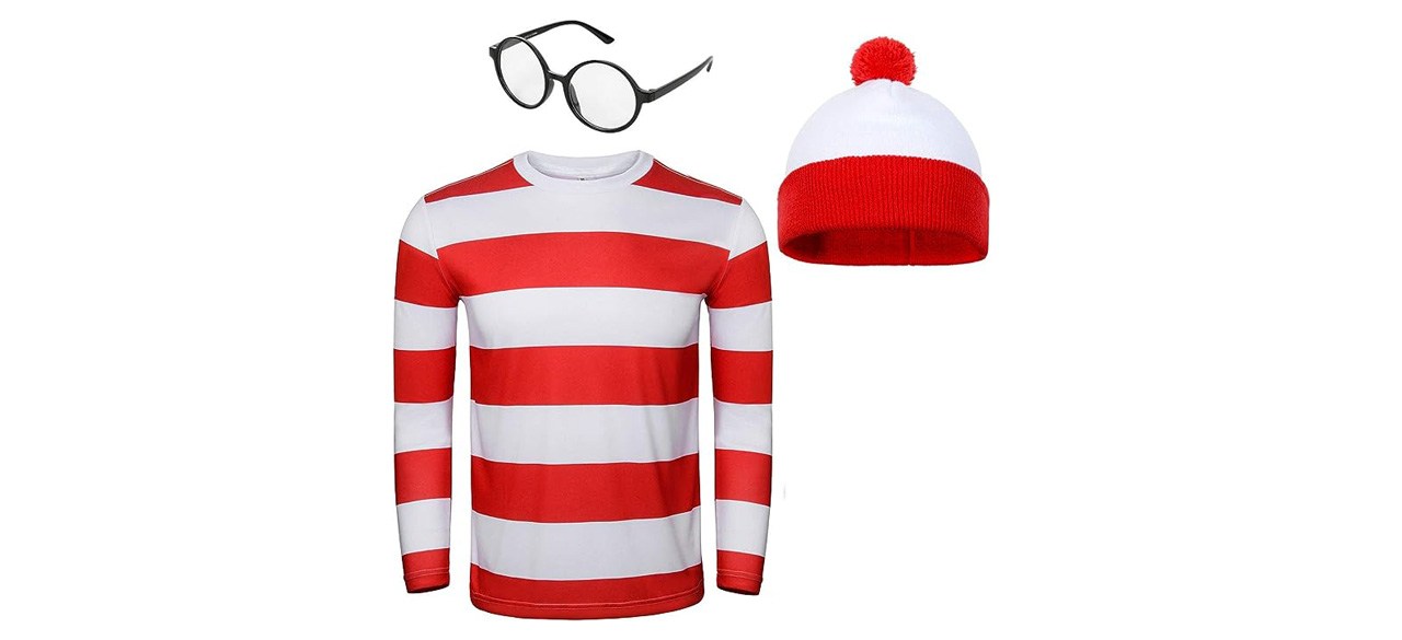 Adult Men Red and White Striped Tee Shirt Glasses Hat Outfit on white background