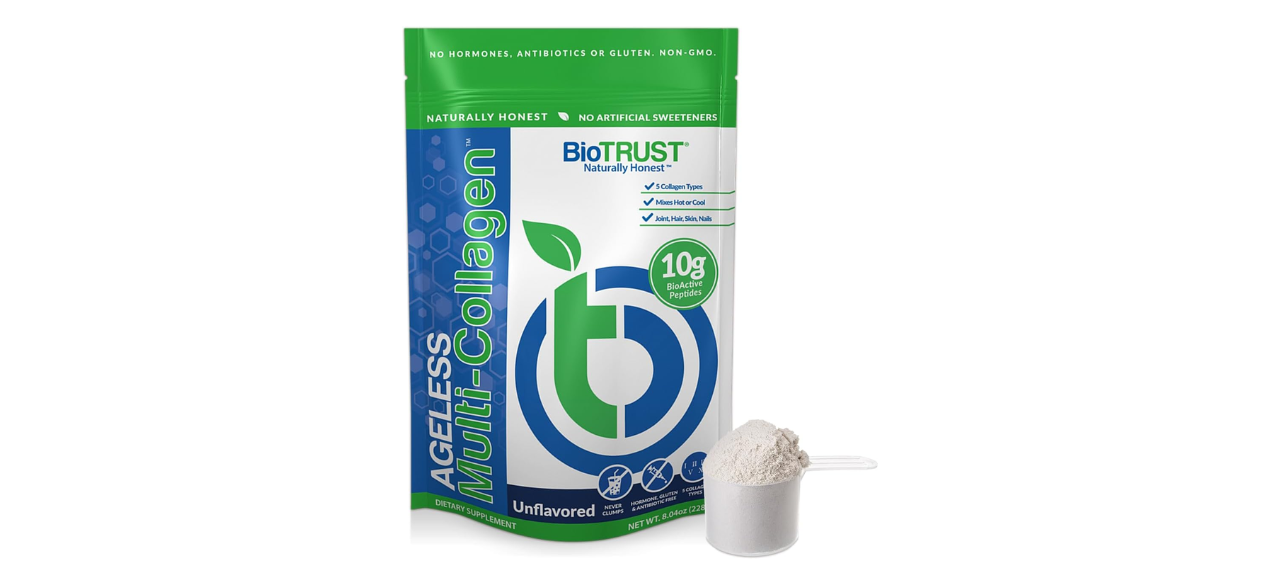 BioTrust collagen powder on a white background