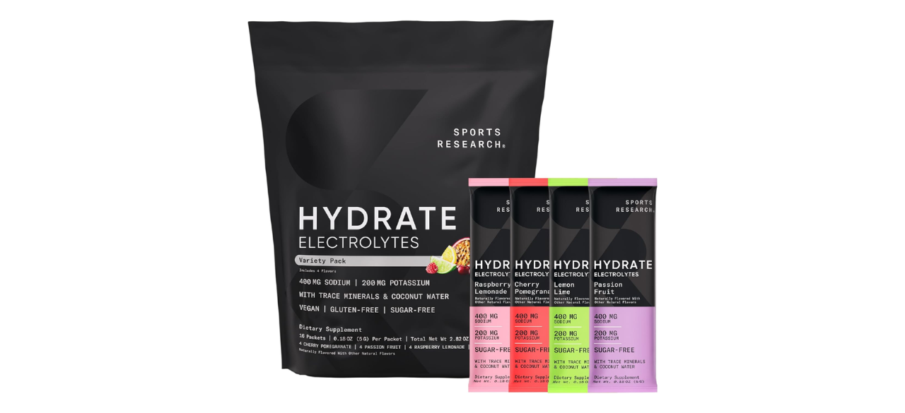 Sports Research electrolytes powder on white background