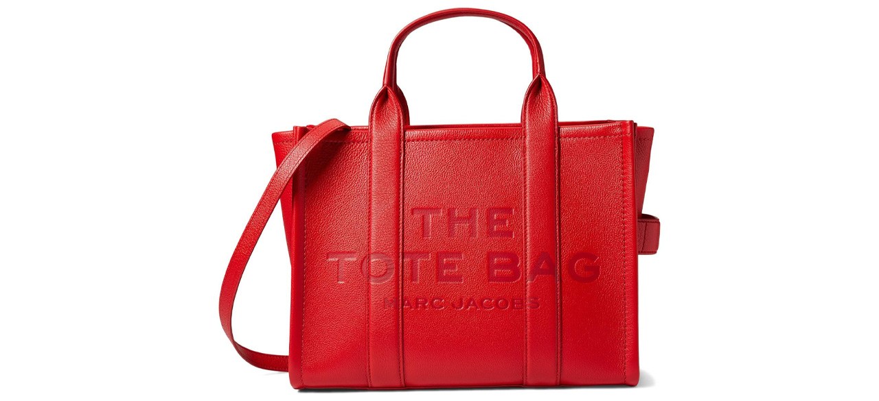 Red Marc Jacobs The Leather Medium Tote Bag on white background