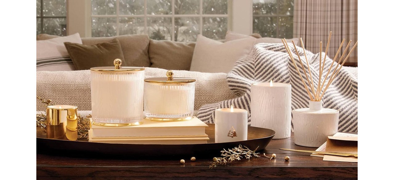 Thymes Frasier Fir Candles on coffee table