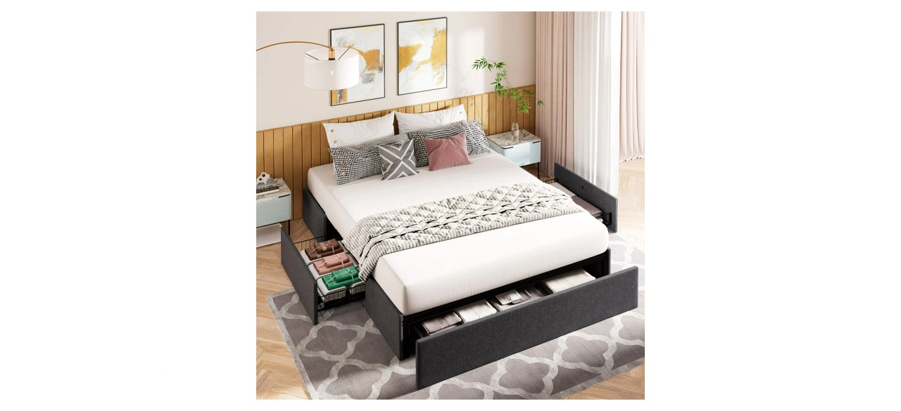 Amolife Queen Size Upholstered Platform Bed Frame with 3 Storage Drawers and Wooden Slats