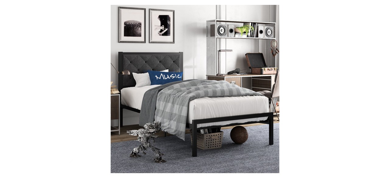 Amolife Twin Size Metal Bed Frame with Upholstered Headboard