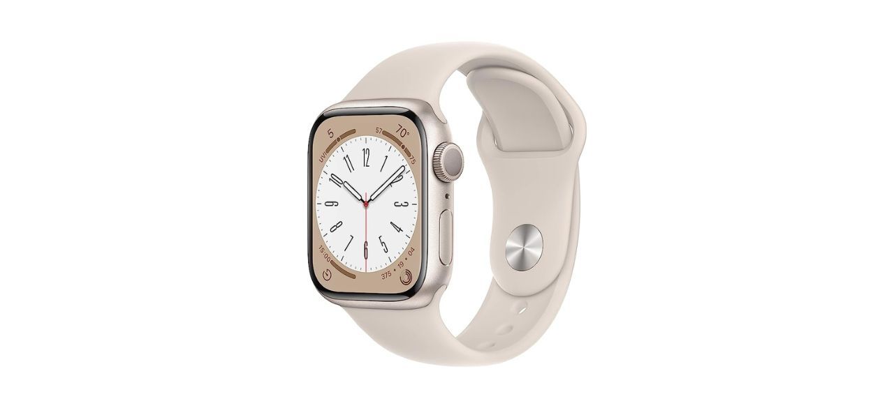 Apple Watch Series 8 with cream band on white background