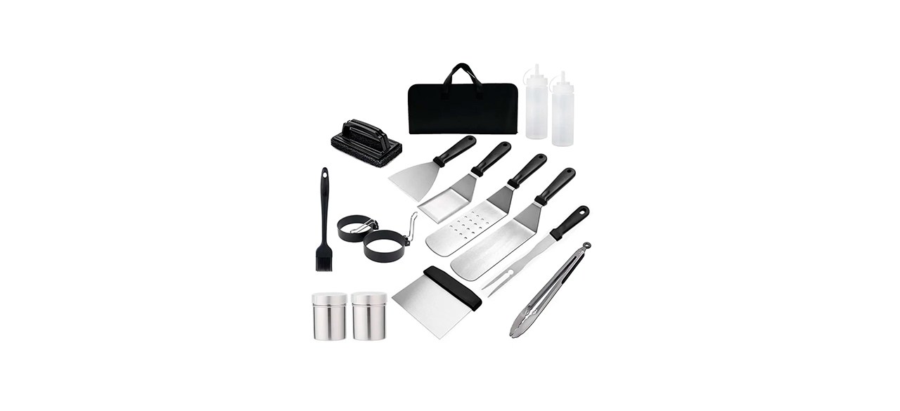 A stainless steel grill tool set with egg rings, a basting brush, a grilling fork, tongs, several spatulas, squeeze bottles and salt and pepper shakers.