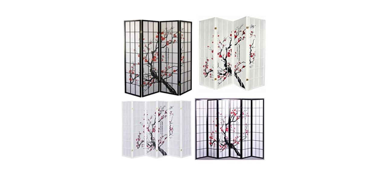 a rice paper room divider with Japanese blossom designs