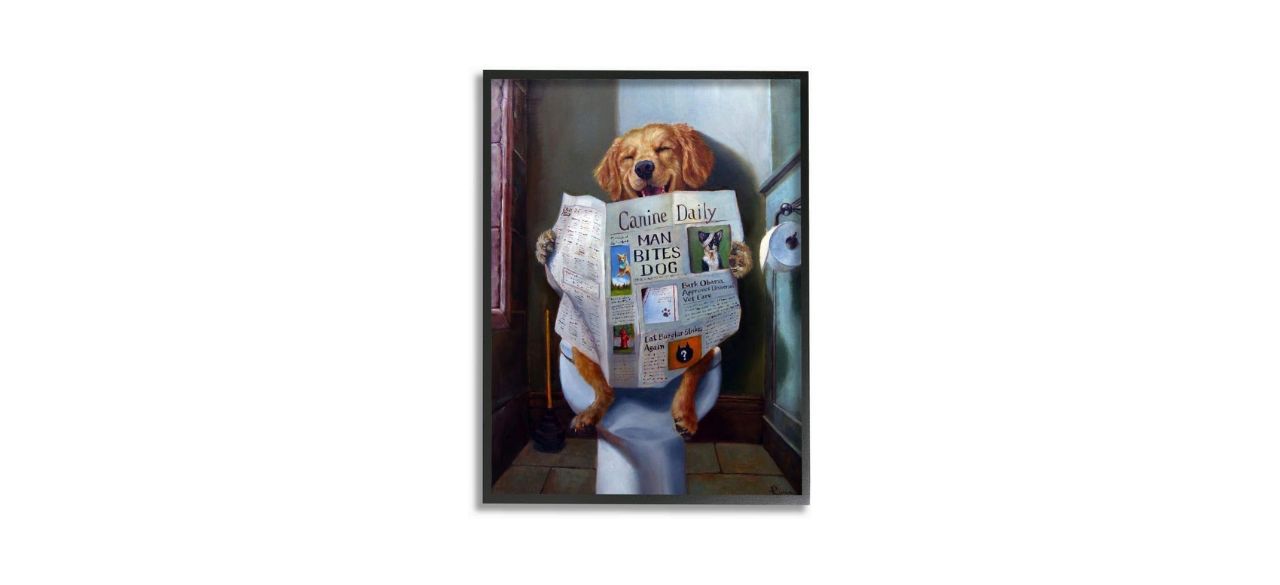 a painting of a dog sitting on a toilet and reading a newspaper