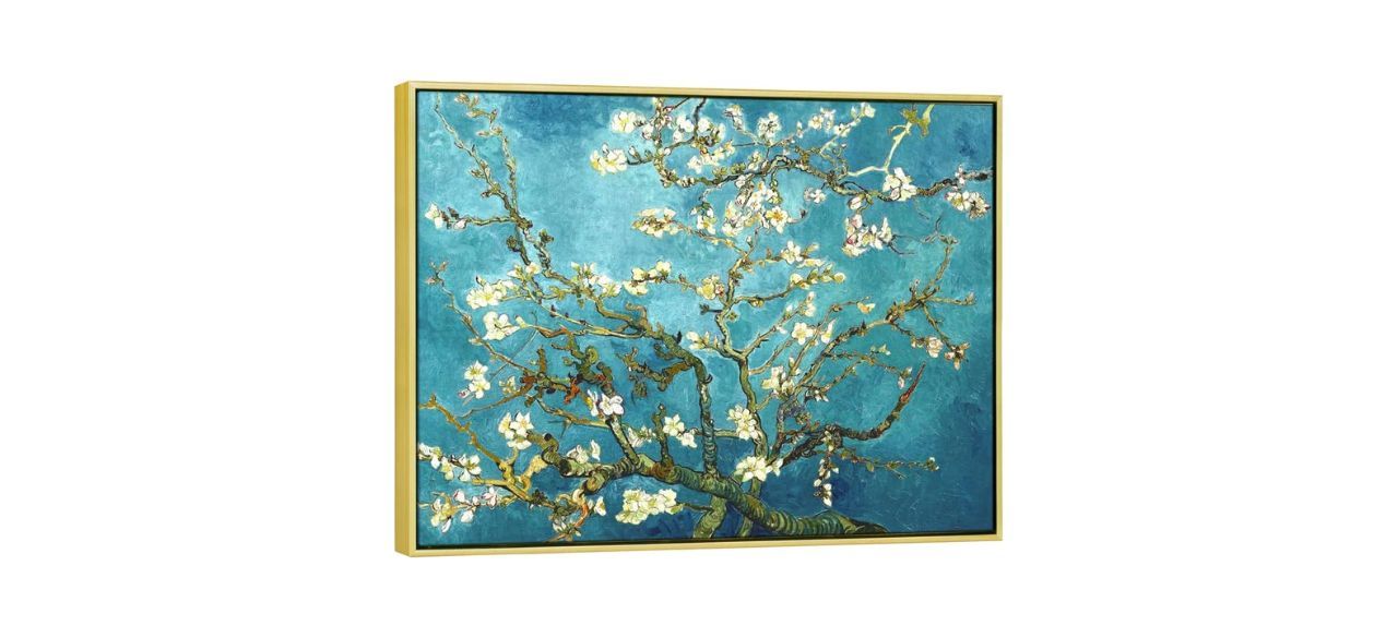 a painting of white blossoms on branches with a blue background