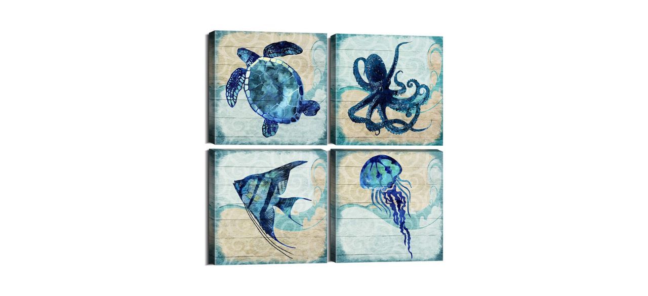 Four square paintings, depicting an octopus, a turtle, a triangular fish, and a jellyfish.