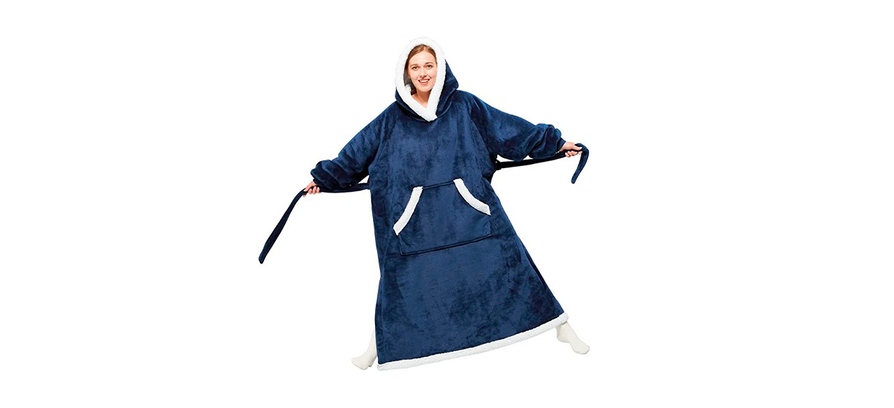 floor-length blue wearable blanket with hood and white trim