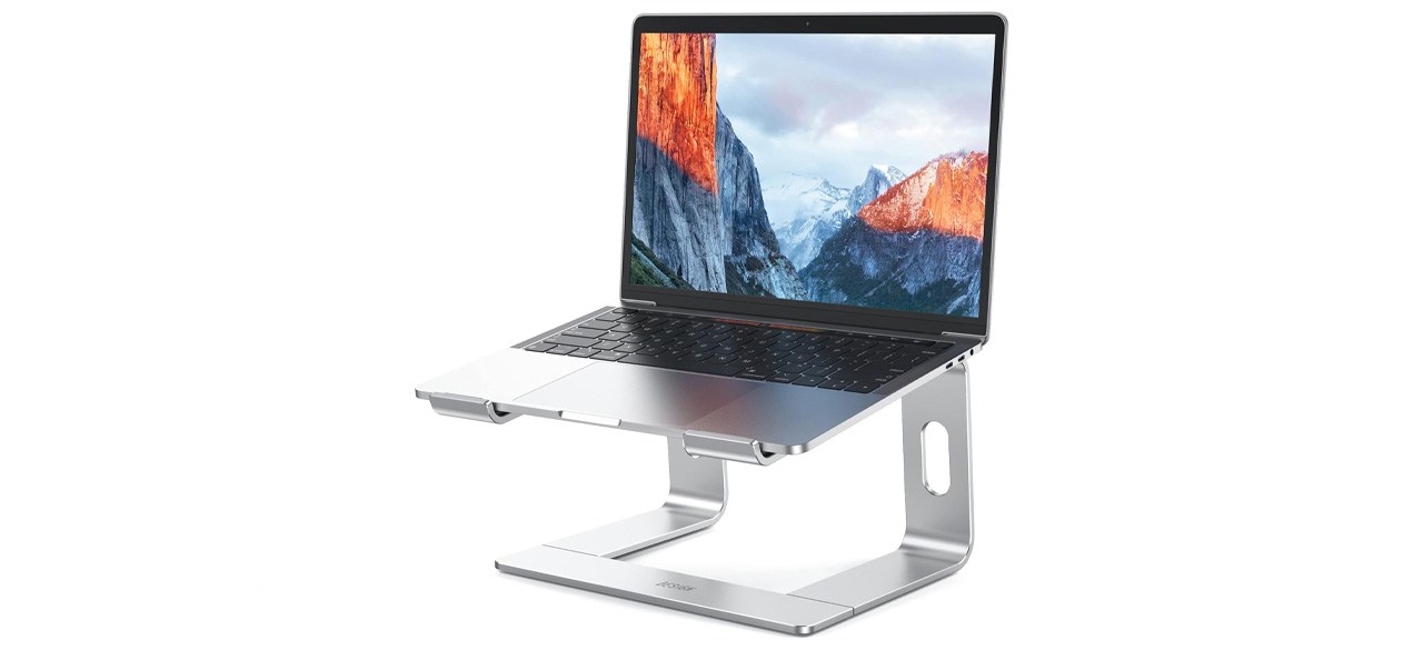 BESIGN Aluminum Laptop Stand with a laptop on it on white background