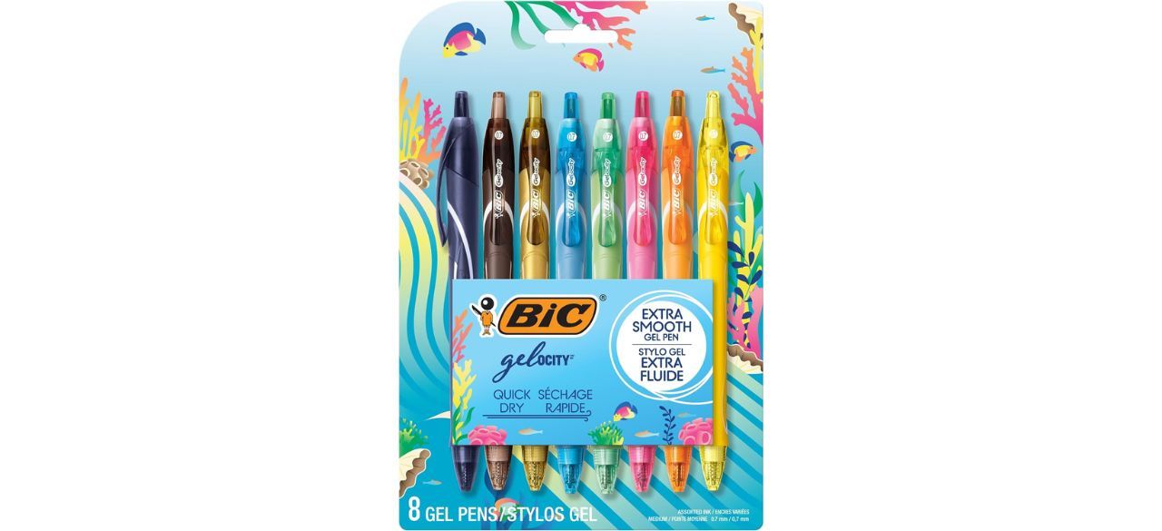 BIC Gelocity Quick Dry Ocean Themed Gel Pens in package on white background