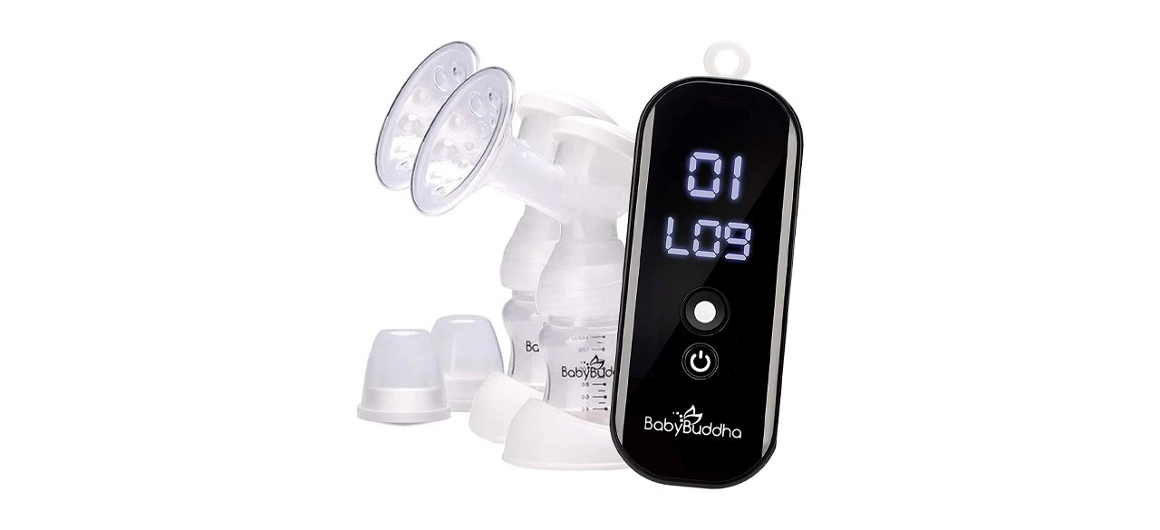 BabyBuddha Electric Breast Pump and included flanges on white background