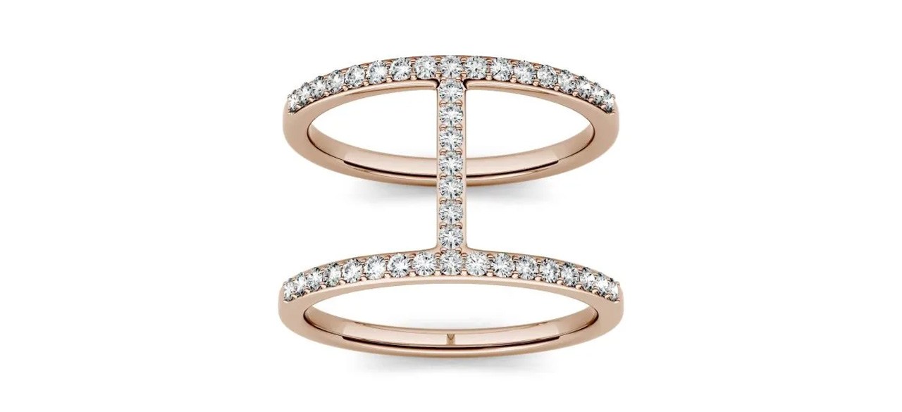 Charles and Colvard Forever One Moissanite Geometric Ring, rose gold with 2 bands connected by vertical straight part