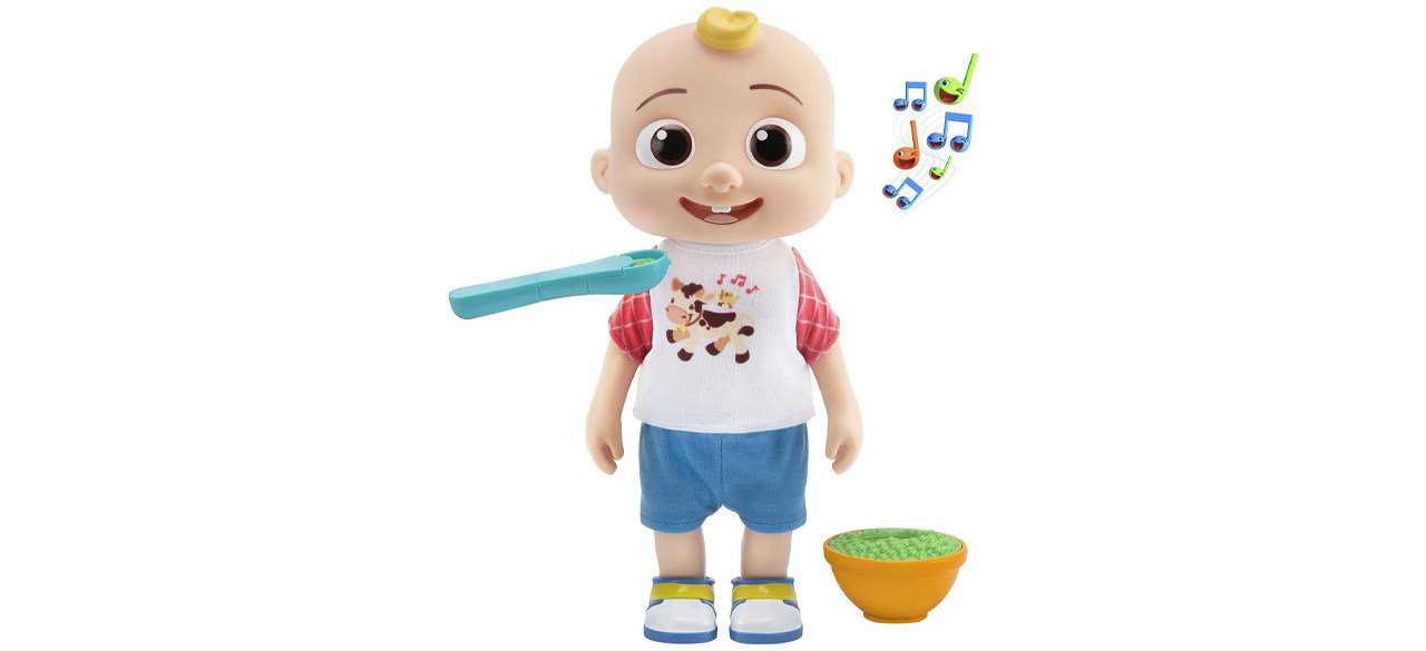 Cocomelon Deluxe Interactive Feeding JJ Doll with spoon and bowl of fake peas