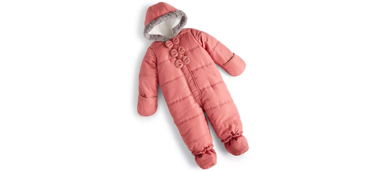 First Impressions Baby Bows Footed Snowsuit in the color "rustic rose"