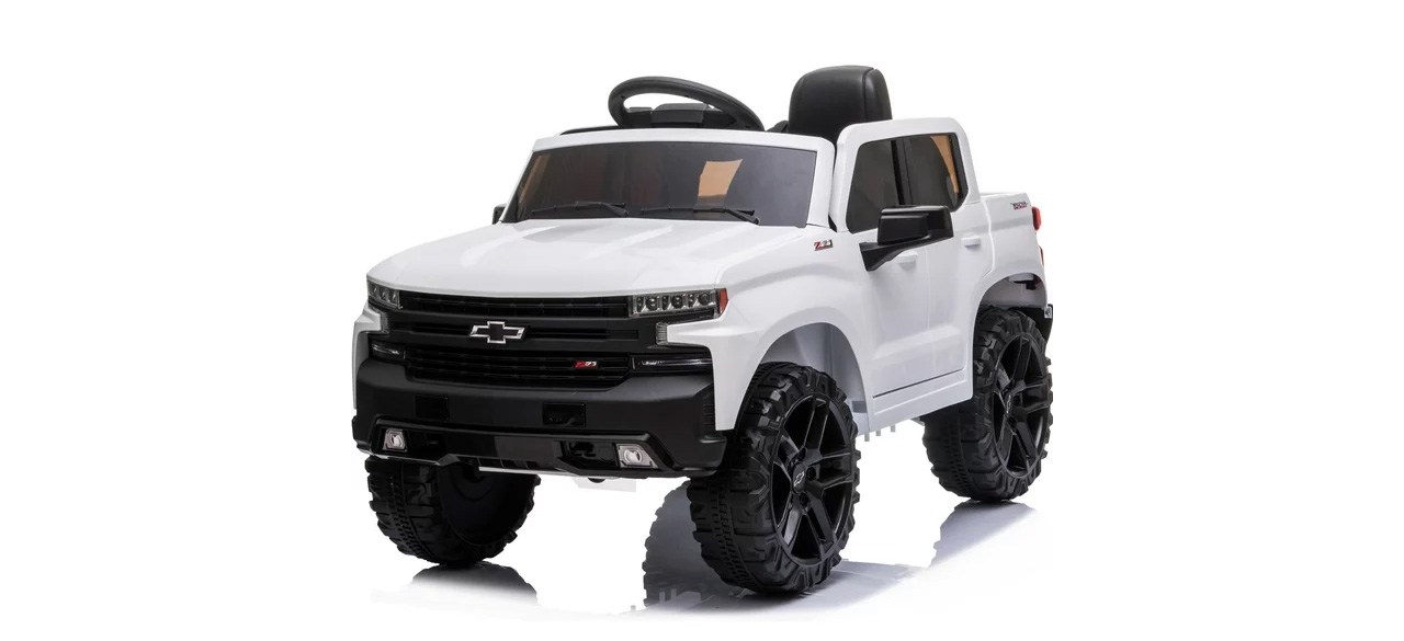 White Chevrolet Silverado 12-Volt Powered Ride-On Cars for Kids on white background