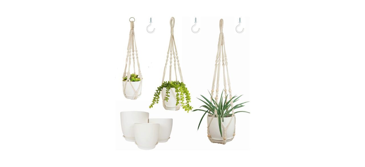 Best Bouqlife Three-Pack Macrame Plant Hangers with Pots