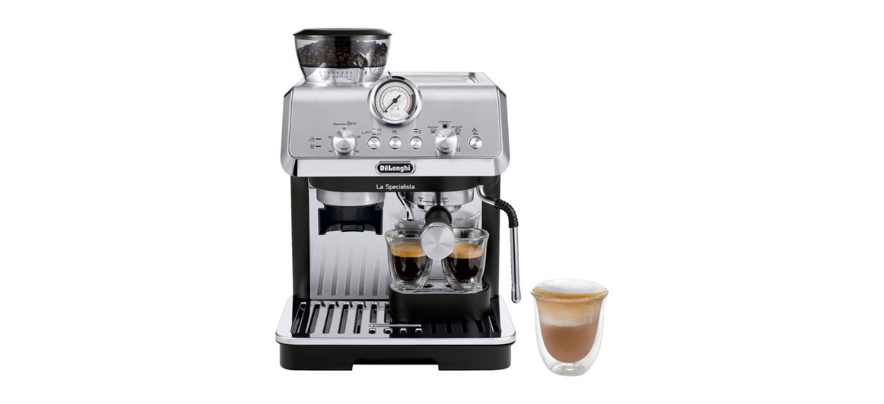 De'Longhi - La Specialista Arte Espresso Machine on white background with mugs of coffee next to it