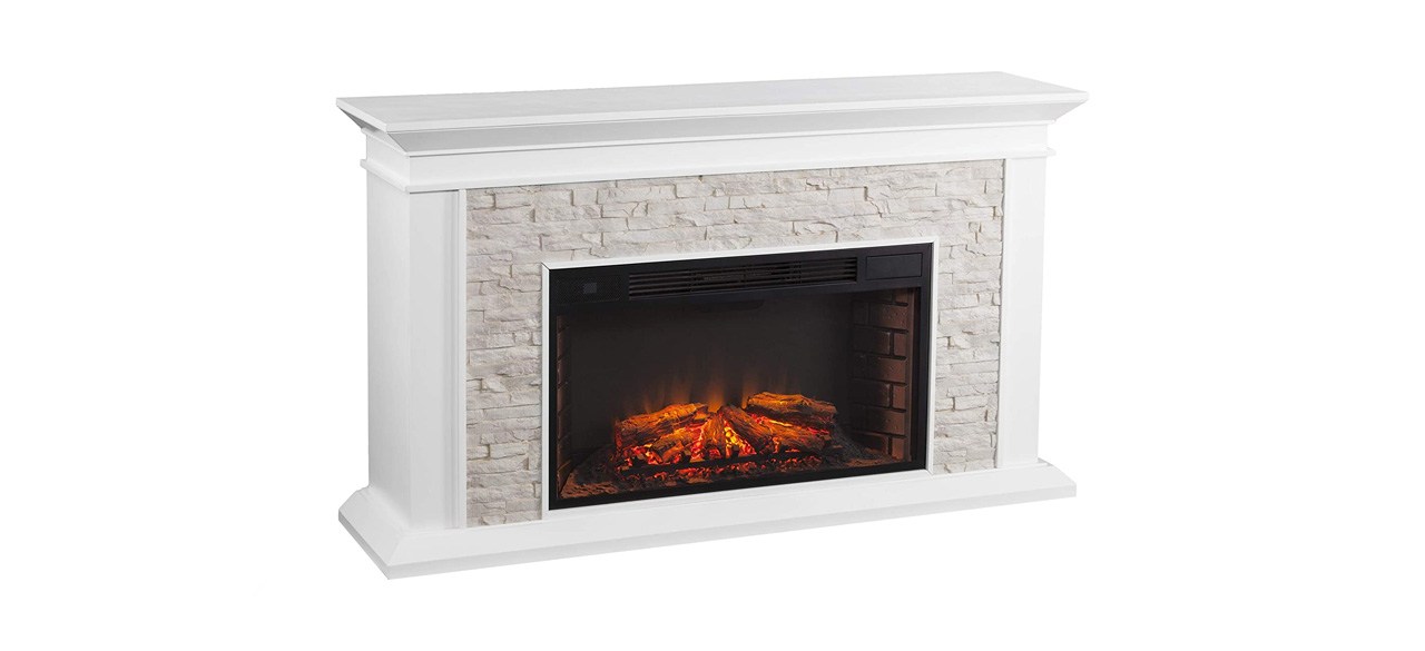 best Canyon Heights Faux Stacked Stone Electric Fireplace in white, on white background