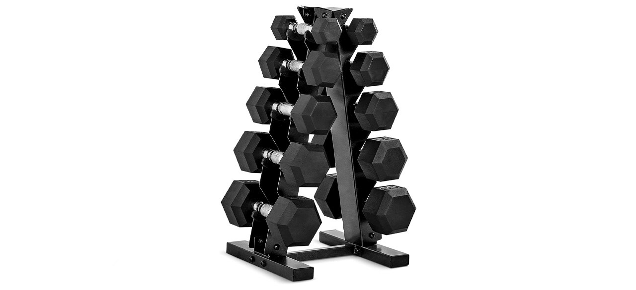 CAP 150-lb Barbell Rubber Coated Dumbbell Set with Vertical Rack