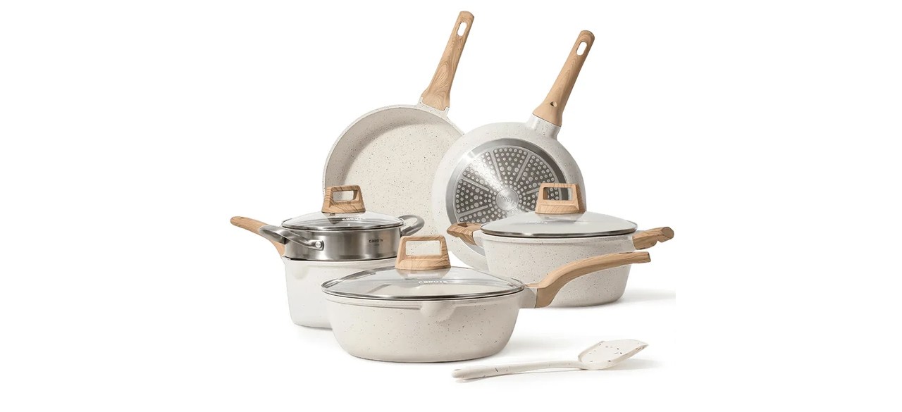 A white 10-piece Carote pots and pans set.