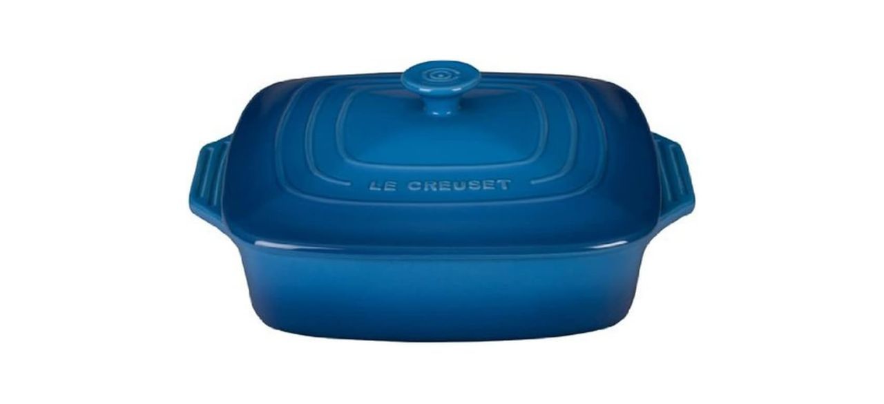 Best Le Creuset Stoneware Covered Square Casserole Dish With Lid, in a bright blue shade called 