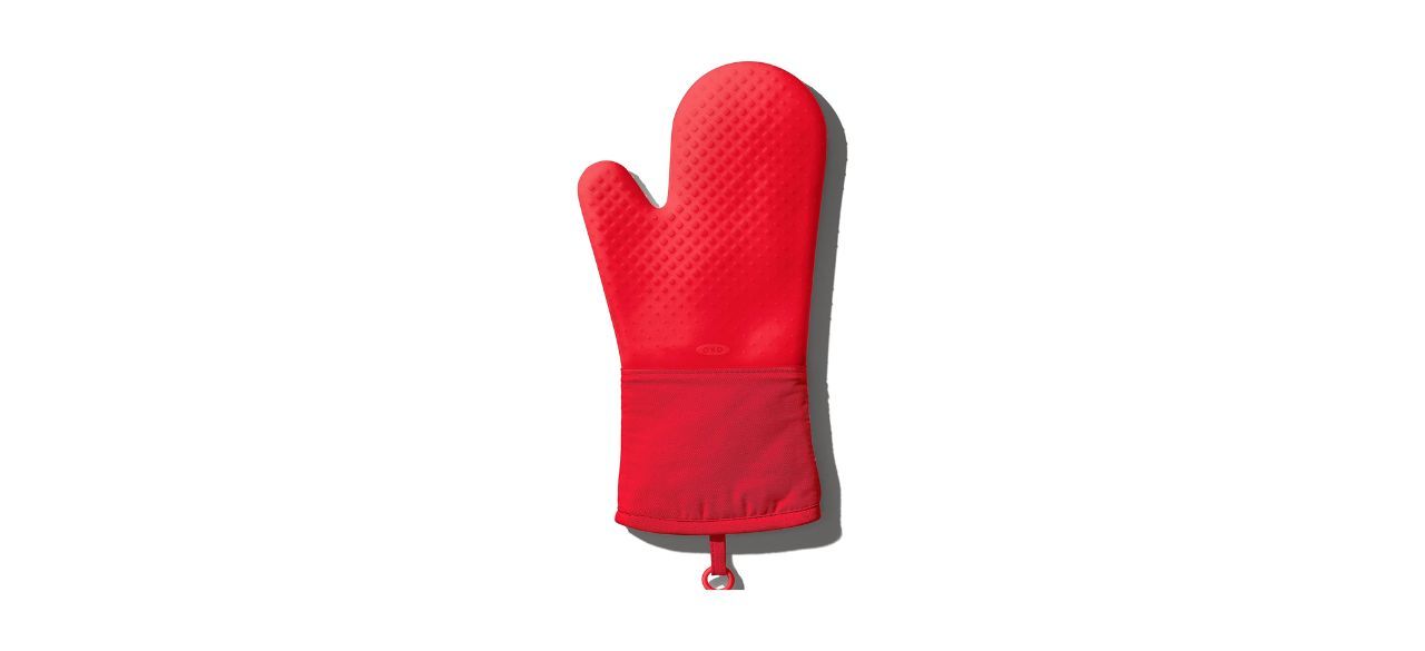 Best OXO Good Grips Silicone Oven Mitt in a bright red shade called 