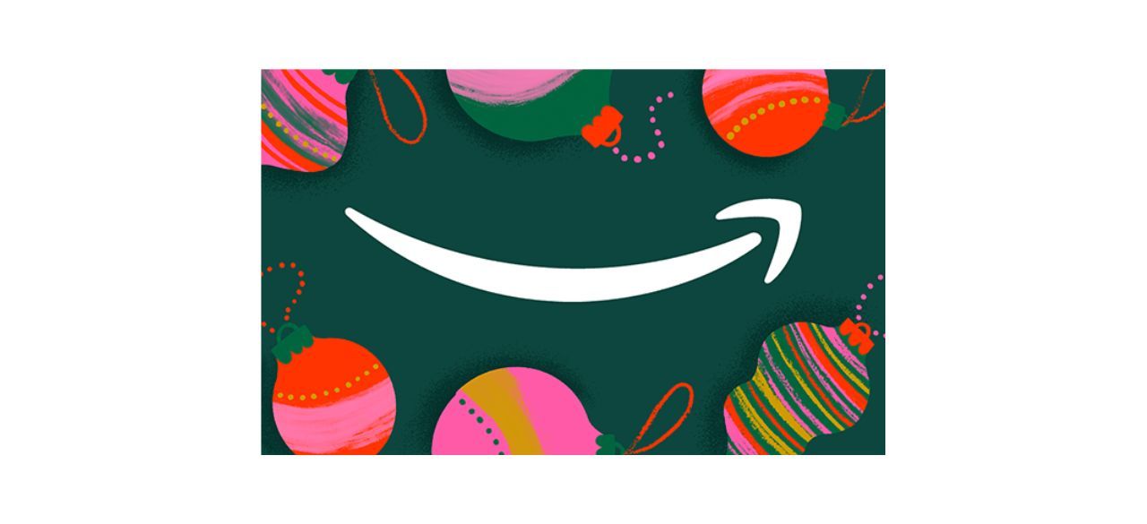 Amazon Gift Card in green with ornaments on it