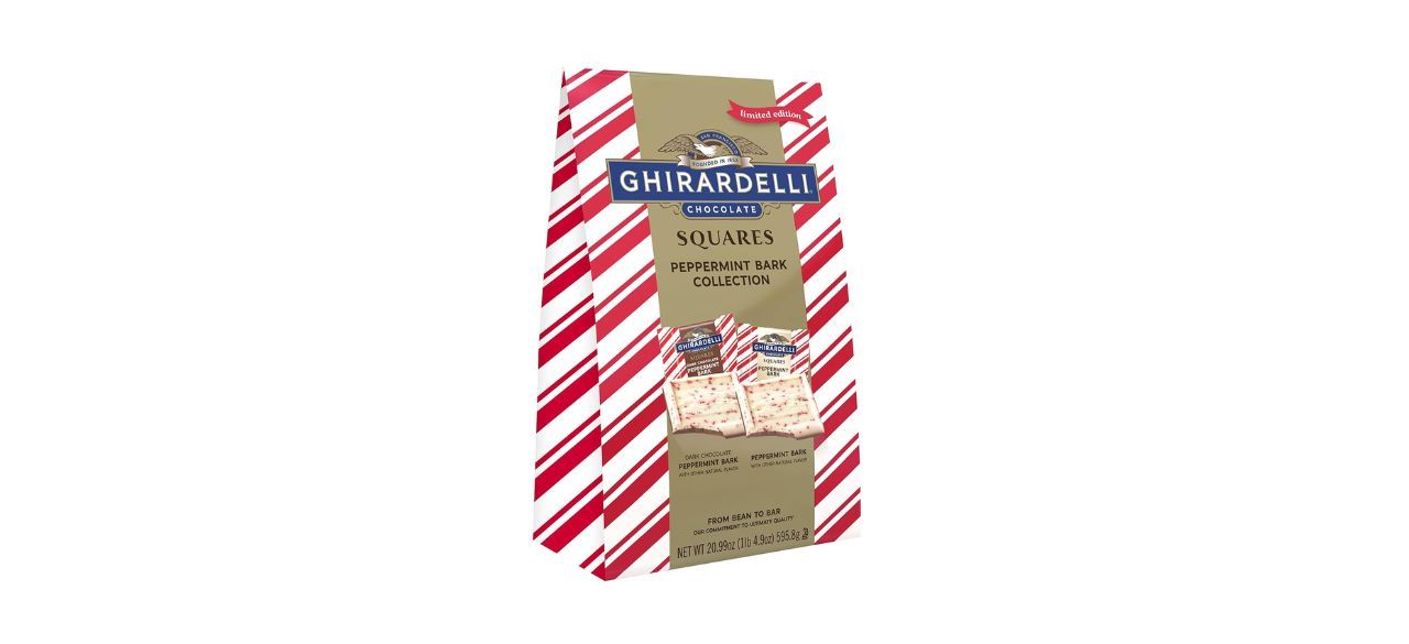 Ghirardelli Limited Edition Peppermint Bark in red and white striped bag