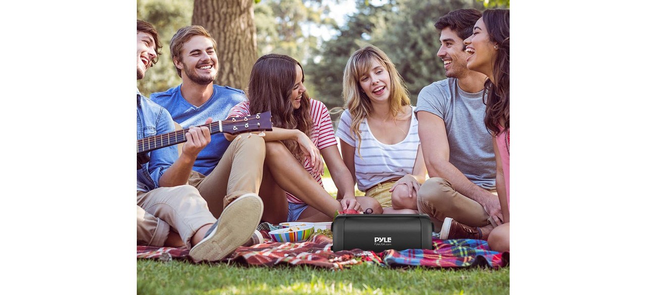 Group of friends outdoors with best-compact-sound-systems-Pyle Wireless Portable Bluetooth Speaker