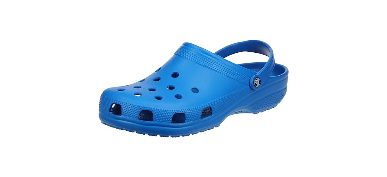 Blue foam clogs with holes in them