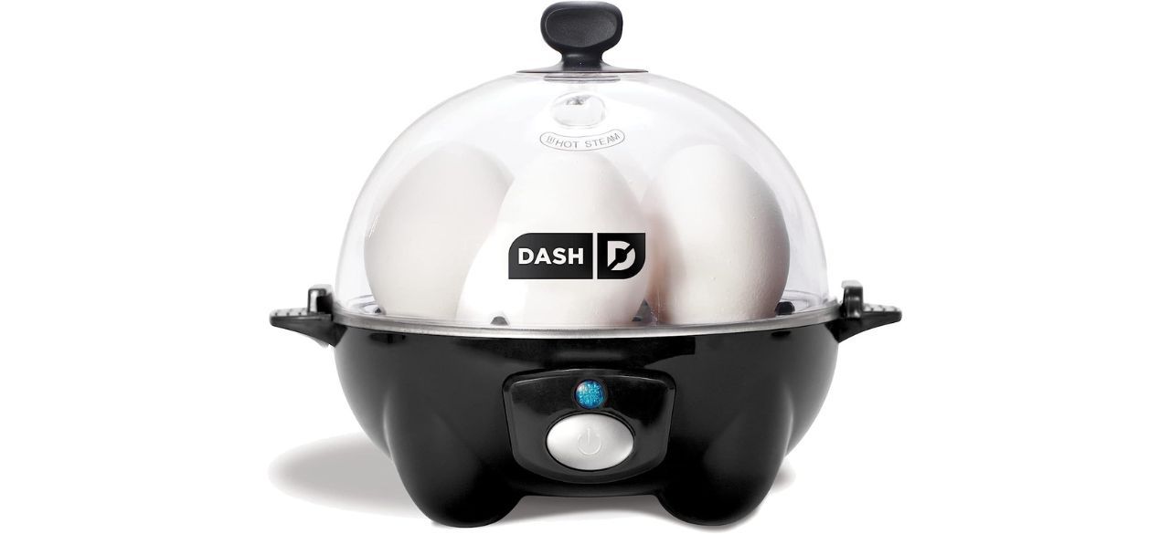 DASH egg cooker in black on white background