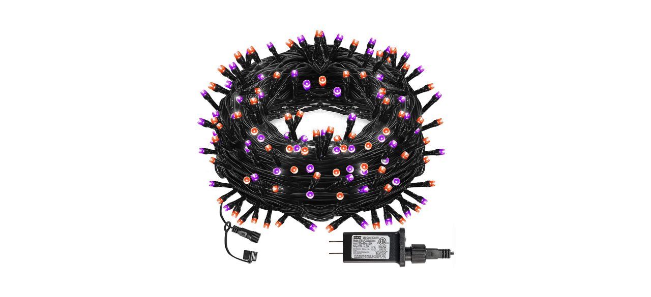 A large bundle of string lights with alternating small purple and orange bulbs