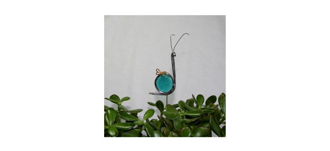 ShellysGlassStudio Stained Glass Teal Blue Snail Plant Stake